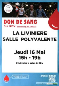 Collecte de sang JEUDI 16 MAI 2024 à La Livinière de 15h à 19h salle polyvalente