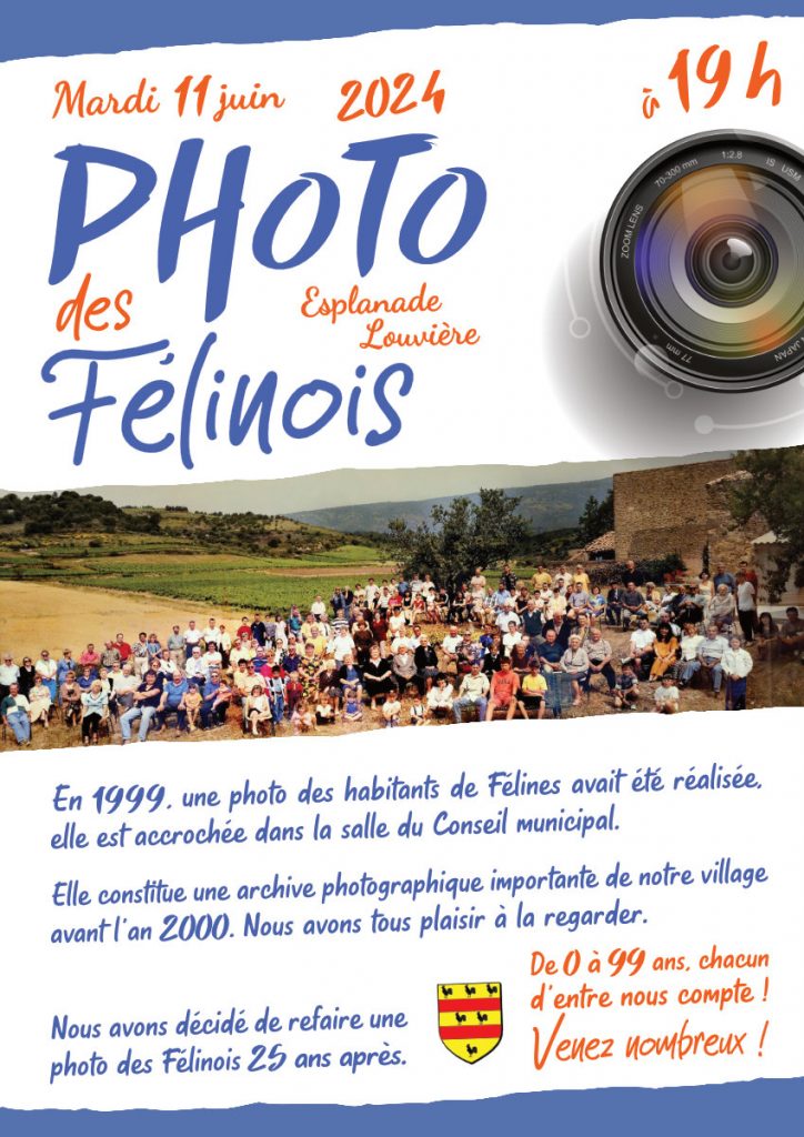 Rendez-vous MARDI 11 JUIN 2024 à 19h esplanade Louvière pour la photo de groupe des Félinois, qui succèdera à la ' photo du siècle ' de 1999.