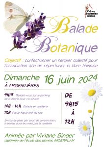 L'association Culture & Patrimoine Félinois vous invite à une balade botanique mensuelle animée par Viviane Binder SAMEDI 16 JUIN 2024 à 9h15 pour poursuivre la confection d'un herbier répertoriant la flore locale.