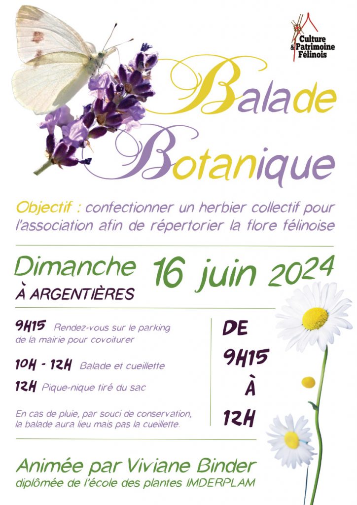 L'association Culture & Patrimoine Félinois vous invite à une balade botanique mensuelle animée par Viviane Binder SAMEDI 16 JUIN 2024 à 9h15 pour poursuivre la confection d'un herbier répertoriant la flore locale.