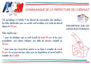 Communiqué de la Préfecture de l'Hérault concernant les inscriptions sur les listes électorales pour les élections législatives des 30 juin et 7 juillet 2024