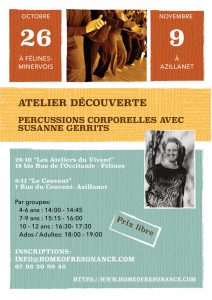 SAMEDI 26 OCTOBRE 2024 aux ' Ateliers du Vivant ' : atelier découverte percussions corporelles avec Susanne GERRITS sur inscription