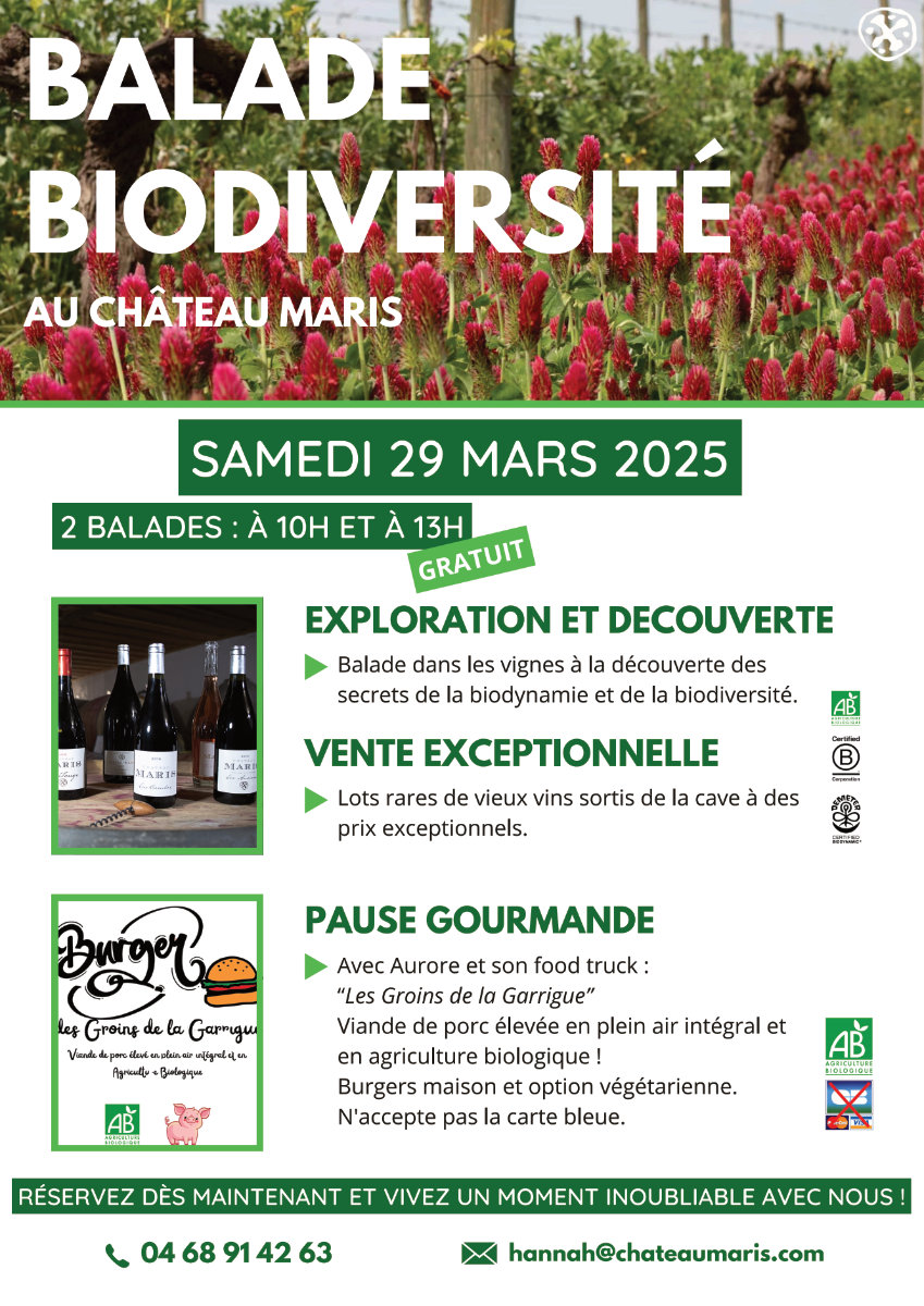 Dans le cadre du mois BCorp, Château Maris organise deux balades biodiversité SAMEDI 29 MARS 2025 à partir de 10h, en partenariat avec le food truck d'Aurore " Les groins de la garrigue ".