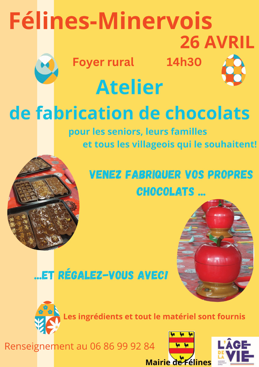 Atelier de fabrication de chocolats pour les seniors, leur famille et tous les villageois qui le souhaitent, organisé par l'association ' L'âge de la vie ' SAMEDI 26 AVRIL 2025 à 14h30 au foyer