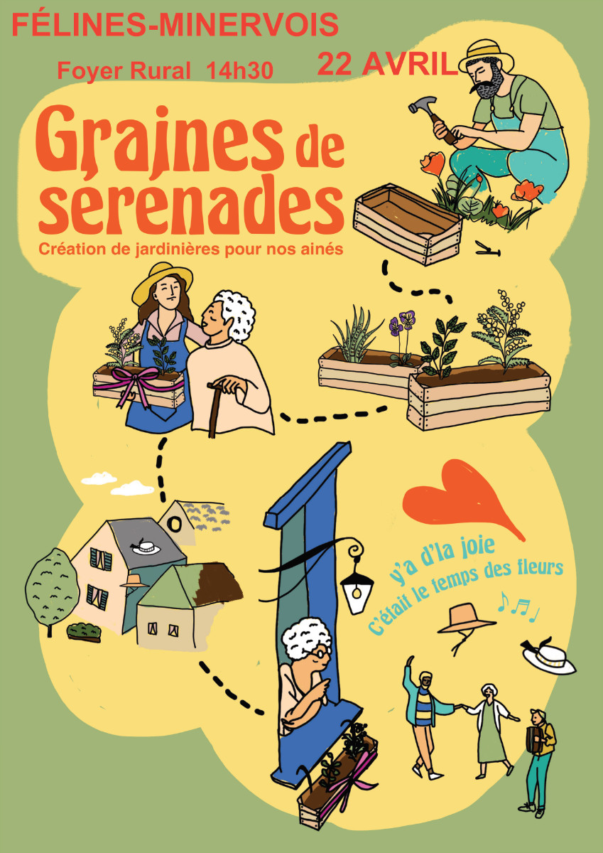 Graines de Sérénades assemble le jardinage à la musique pour offrir une jardinière et une sérénade au balcon des personnes âgées MARDI 22 AVRIL 2025 à partir de 14h30 au foyer.