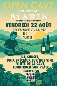 Soirée OPEN CAVE organisée par le domaine Château Maris au chai de La Livinière vendredi 22 août 2025 de 18h à minuit - Entrée libre