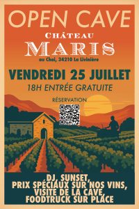 Soirée OPEN CAVE organisée par le domaine Château Maris au chai de La Livinière vendredi 25 juillet 2025 de 18h à minuit - Entrée libre