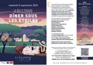 Le syndicat du Cru La Livinière vous propose un 'dîner sous les étoiles' VENDREDI 5 SEPTEMBRE 2025 à partir de 19h, chapelle Saint-Germain de Cesseras.