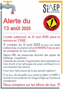 Le SIAEP du Minervois active le NIVEAU 3 de son plan de sauvegarde de l'eau potable suite à l'arrêté préfectoral du 12 août 2025 et au déficit des ressources constaté.
