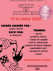 " Canon & fourchette " SAMEDI 11 OCTOBRE 2025 à partir de 19h au foyer - Soirée organisée par l'association des Jeunes Félinois - Bar, restauration et animations musicales