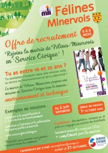 Félines-Minervois : offre de recrutement en 'Service Civique' pour un jeune volontaire entre 16 et 25 ans - 24h à 30h hebdomadaires sur 6 à 8 mois