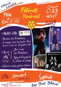 Fête de fin d'été SAMEDI 23 AOÛT 2025 esplanade Louvière : marché des producteurs avec animation musicale dans le cadre de 'Dégustons l'été' - Bar à vins des viticulteurs - Repas de la Diane de Chasse - Stand de crêpes, gaufres, glaces - Concert : Sophie les Bas Bleus