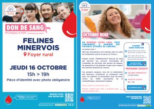Collecte de sang JEUDI 16 octobre 2025 de 15h à 19h au foyer de Félines-Minervois