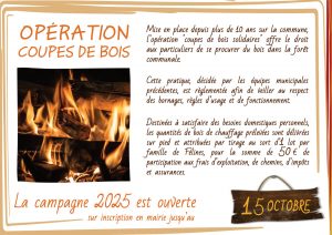 Les inscriptions pour l'opération COUPES DE BOIS SOLIDAIRES 2025 sont ouvertes en mairie jusqu'au 15 OCTOBRE.