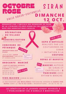 Octobre Rose DIMANCHE 12 OCTOBRE 2025 à Siran, organisé par l'Amicale des Donneurs de Sang en collaboration avec les associations locales