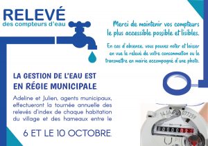 La relève annuelle des index de compteurs d'eau par Adeline et Julien, agents municipaux, est prévue entre le 6 et le 10 octobre.