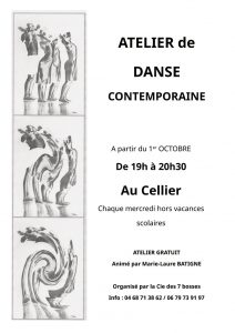 Atelier de danse contemporaine organisé par la Compagnie des 7 bosses et animé par Marie-Laure Batigne chaque mercredi de 19h à 20h30 hors vacances scolaires