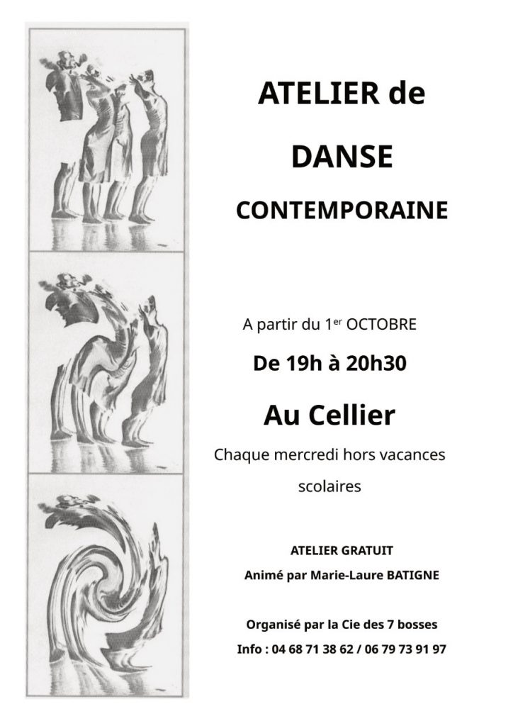 Atelier de danse contemporaine organisé par la Compagnie des 7 bosses et animé par Marie-Laure Batigne chaque mercredi de 19h à 20h30 hors vacances scolaires