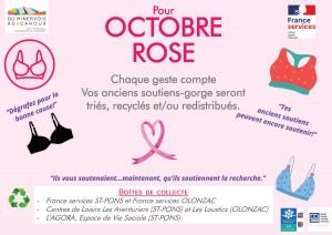 À l'occasion du mois de sensibilisation au dépistage du cancer du sein, FRANCE SERVICES organise une collecte de soutiens-gorge en partenariat avec la Communauté de Communes du Minervois au Caroux, la CAF et la MSA.