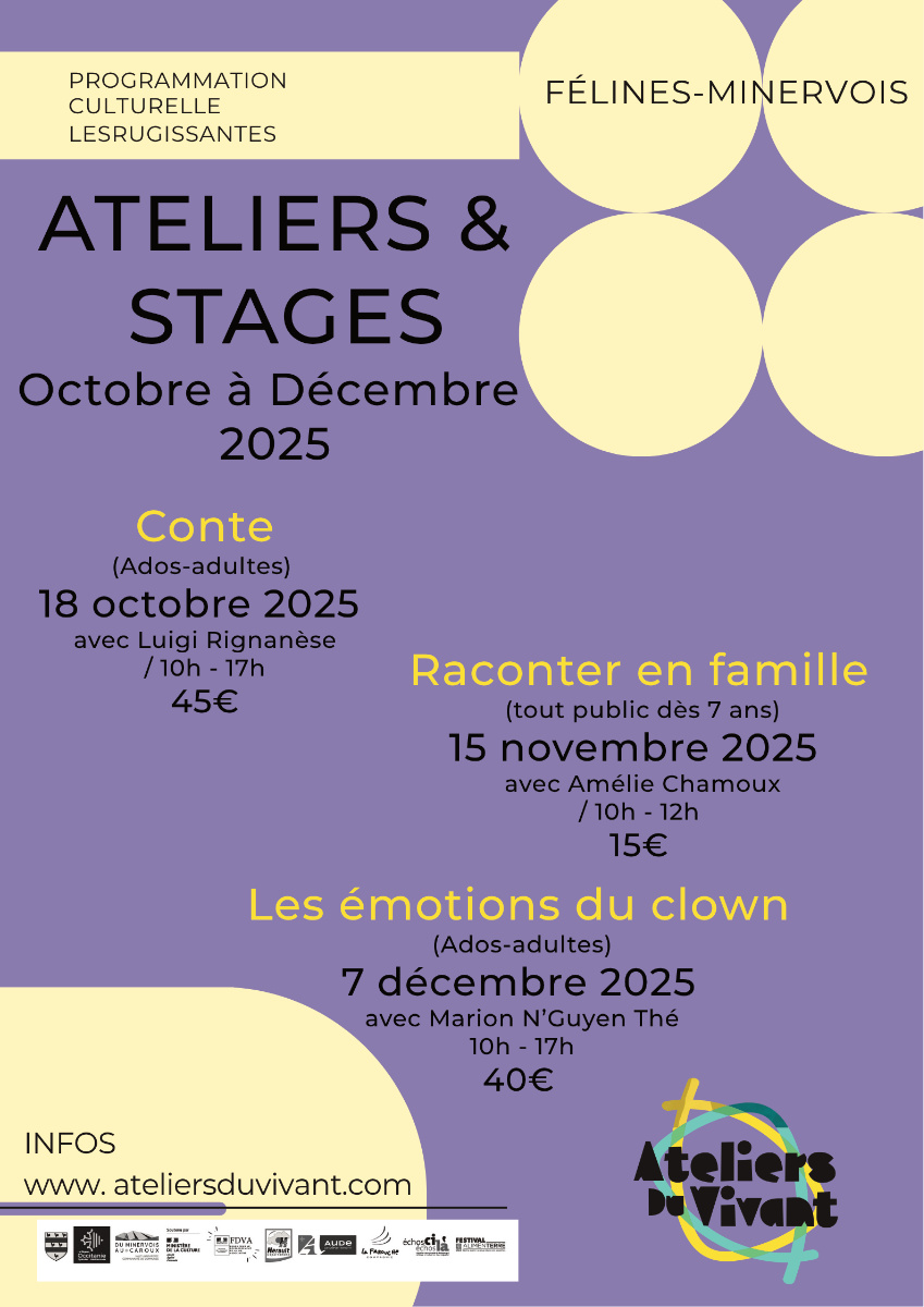 Dans le cadre de la programmation culturelle Les Rugissantes#4, les Ateliers du Vivant vous proposent une série de stages et ateliers entre octobre et décembre 2025. Tous les publics sont concernés (enfants, ados, adultes) et tous les stages sont accessibles aux débutants. Jauge limitée et réservation indispensable...