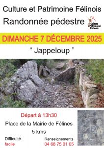 L'association Culture & Patrimoine Félinois vous convie à une randonnée pédestre DIMANCHE 7 DÉCEMBRE 2025 - Départ à 13h30 Place de la Mairie