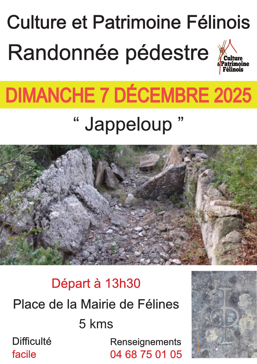 L'association Culture & Patrimoine Félinois vous convie à une randonnée pédestre DIMANCHE 7 DÉCEMBRE 2025 - Départ à 13h30 Place de la Mairie