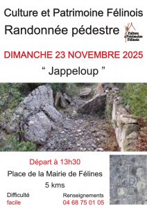 L'association Culture & Patrimoine Félinois vous convie à une randonnée pédestre DIMANCHE 23 NOVEMBRE 2025 - Départ à 13h30 Place de la Mairie