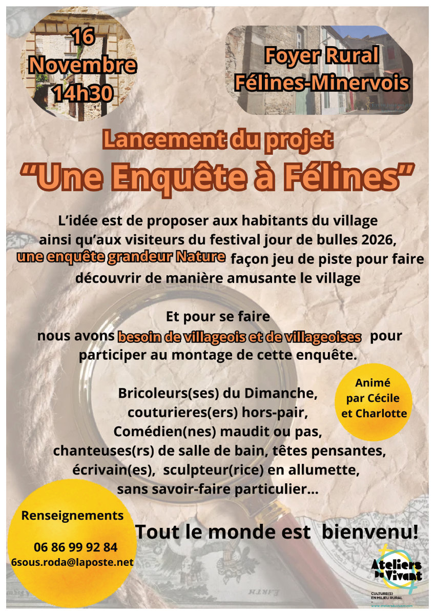 Atelier cluedo DIMANCHE 16 NOVEMBRE 2025 au foyer à 14h30 avec Cécile et Charlotte, organisé par Les Ateliers du Vivant