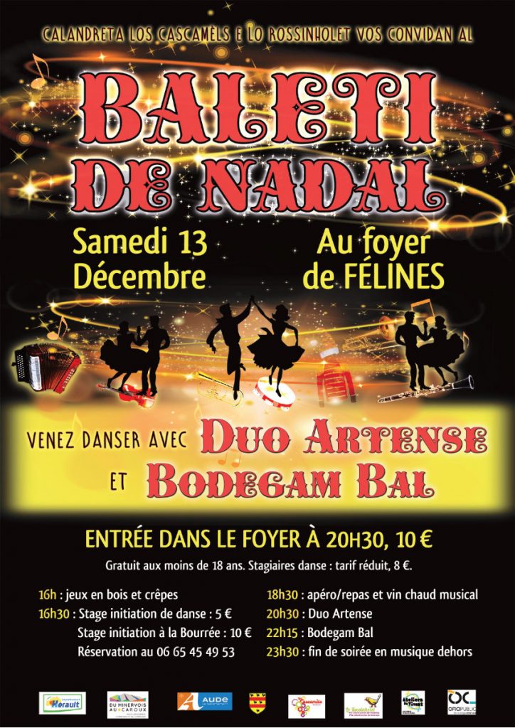 Balèti de Nadal SAMEDI 13 DÉCEMBRE 2025 au foyer, organisé par la Calandreta Los Cascamels & Lo Rossinholet, en partenariat avec Les Ateliers du Vivant