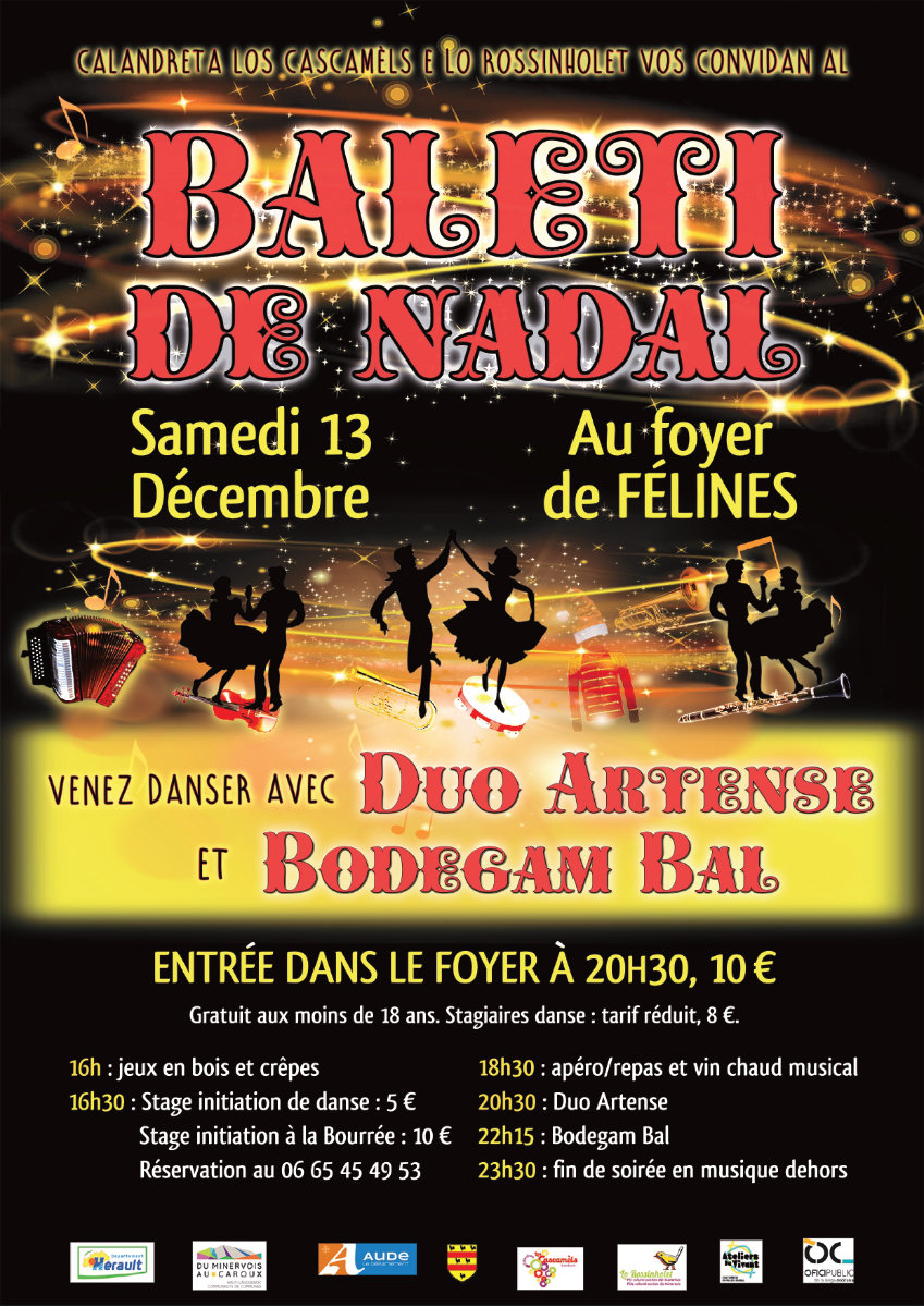 Balèti de Nadal SAMEDI 13 DÉCEMBRE 2025 au foyer, organisé par la Calandreta Los Cascamels & Lo Rossinholet, en partenariat avec Les Ateliers du Vivant