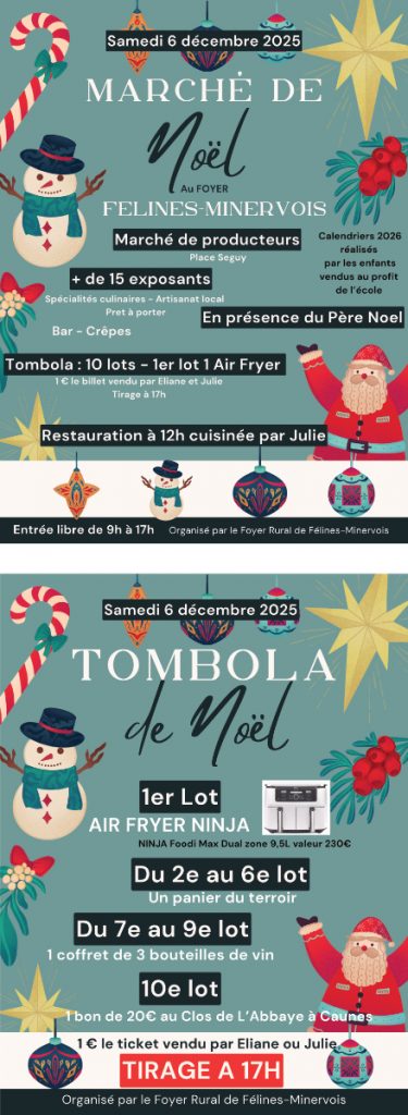 Marché de Noël et marché de producteurs, artisans et associations de Félines SAMEDI 6 DÉCEMBRE 2025 de 9h à 17h au foyer et place Séguy, organisé par l'association du Foyer Rural