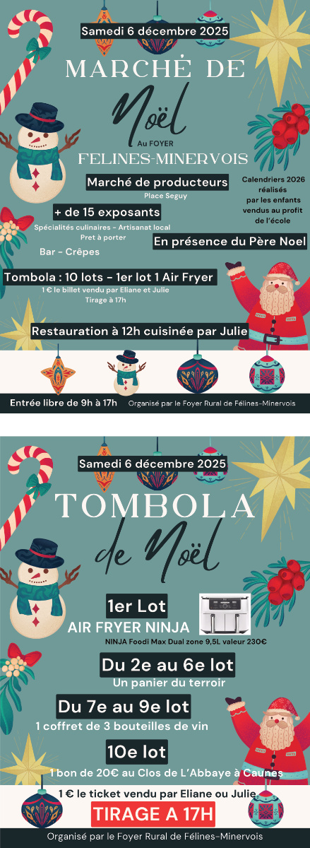 Marché de Noël et marché de producteurs, artisans et associations de Félines SAMEDI 6 DÉCEMBRE 2025 de 9h à 17h au foyer et place Séguy, organisé par l'association du Foyer Rural