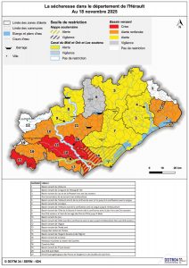 Hérault - Carte des zones d'alerte sécheresse au 18 novemmbre 2025