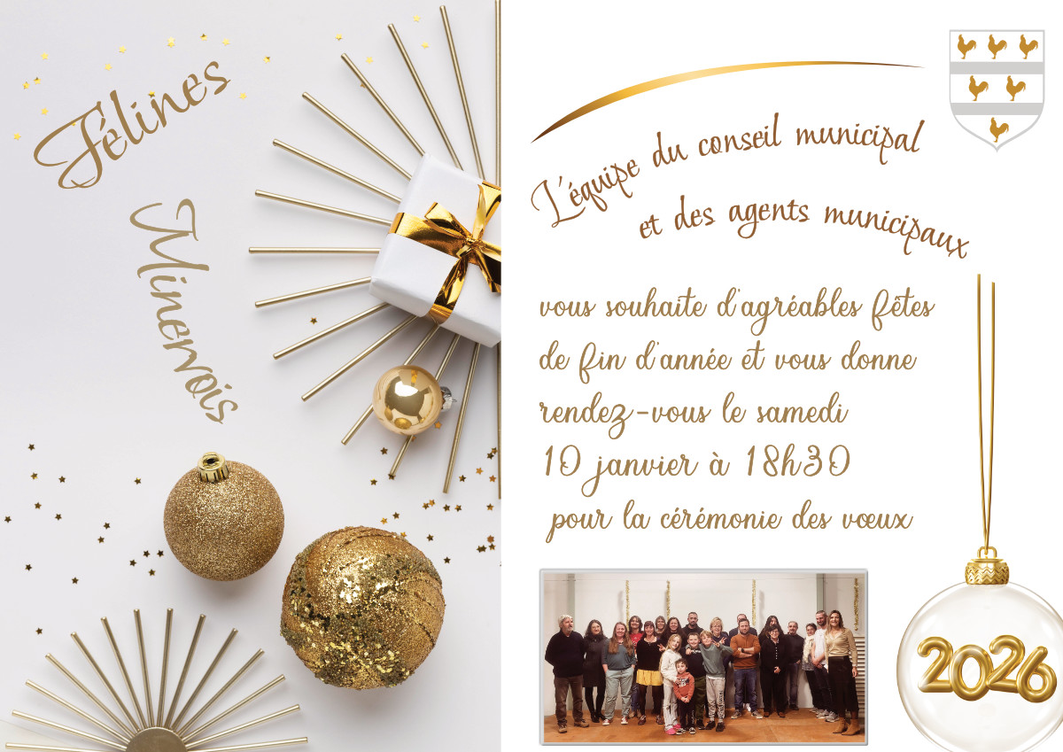 L'équipe municipale vous donne rendez-vous SAMEDI 10 JANVIER 2026 à 18h30 au foyer pour la cérémonie des voeux du Maire.