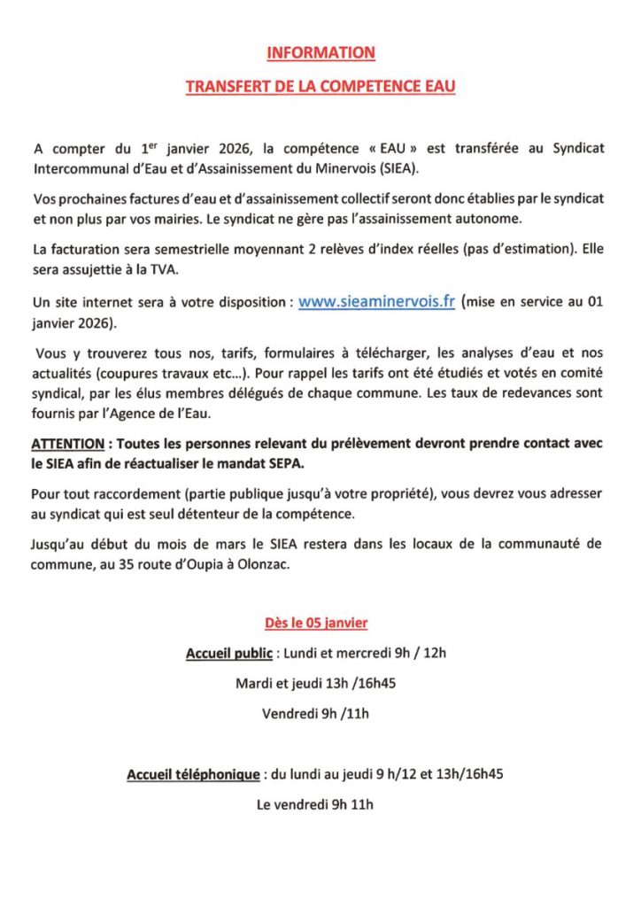 Transfert de la compétence 'EAU' au SIAE (Syndicat Intercommunal d'Eau et d'Assainissement) du Minervois à partir du 1er janvier 2026