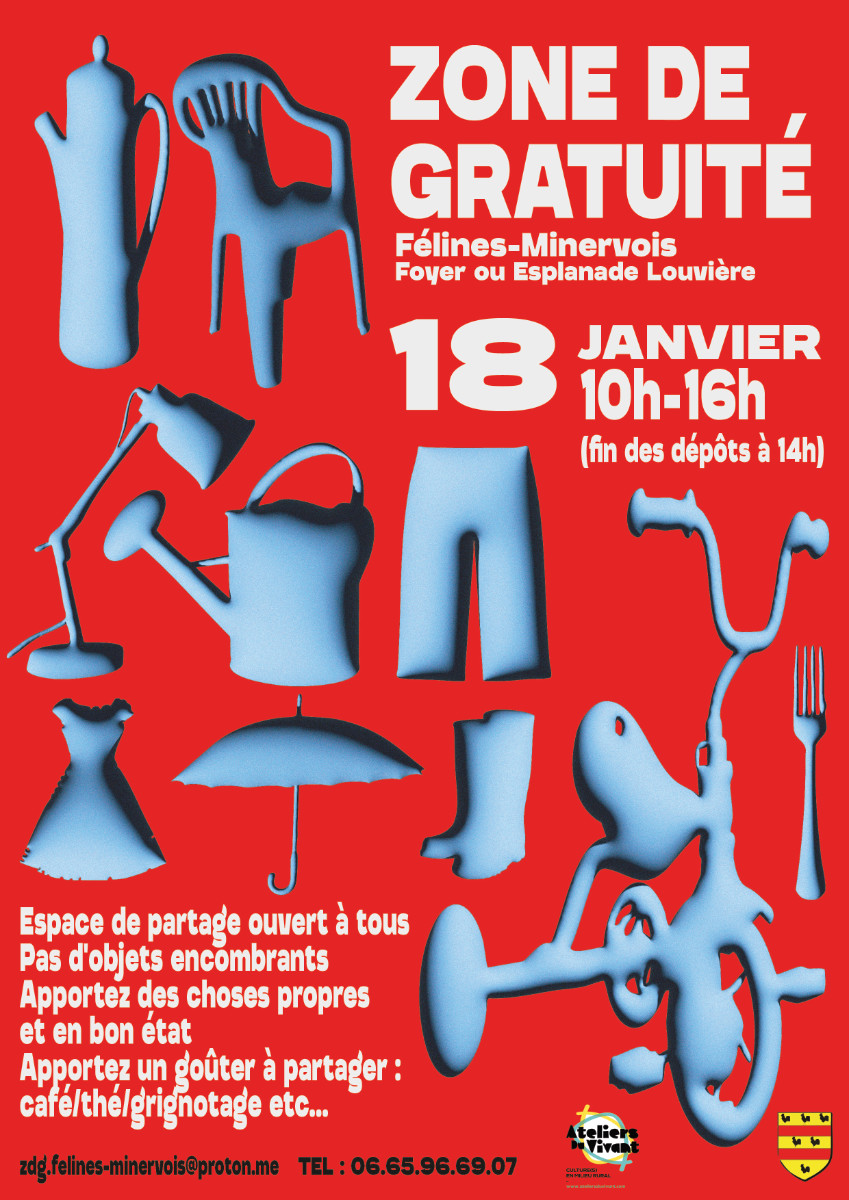 Prochaine zone de gratuités DIMANCHE 18 JANVIER 2026 au foyer (ou esplanade Louvière selon les conditions météo) de 10h à 16h, organisée par LES ATELIERS DU VIVANT