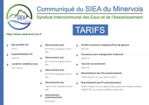 SIEA du Minervois : tarifs eau, abonnements, branchements et taxes 2026