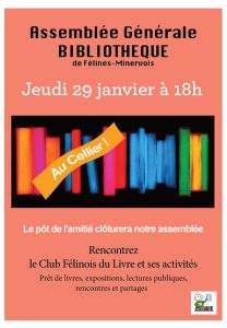 L'équipe du Club Félinois du Livre vous invite à son assemblée générale annuelle JEUDI 29 JANVIER 2026 à 18h au cellier.