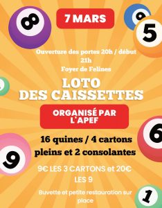 Loto de l'école organisé par l'APEF samedi 7 mars 2026 à 21h au foyer - Buvette et petite restauration sur place