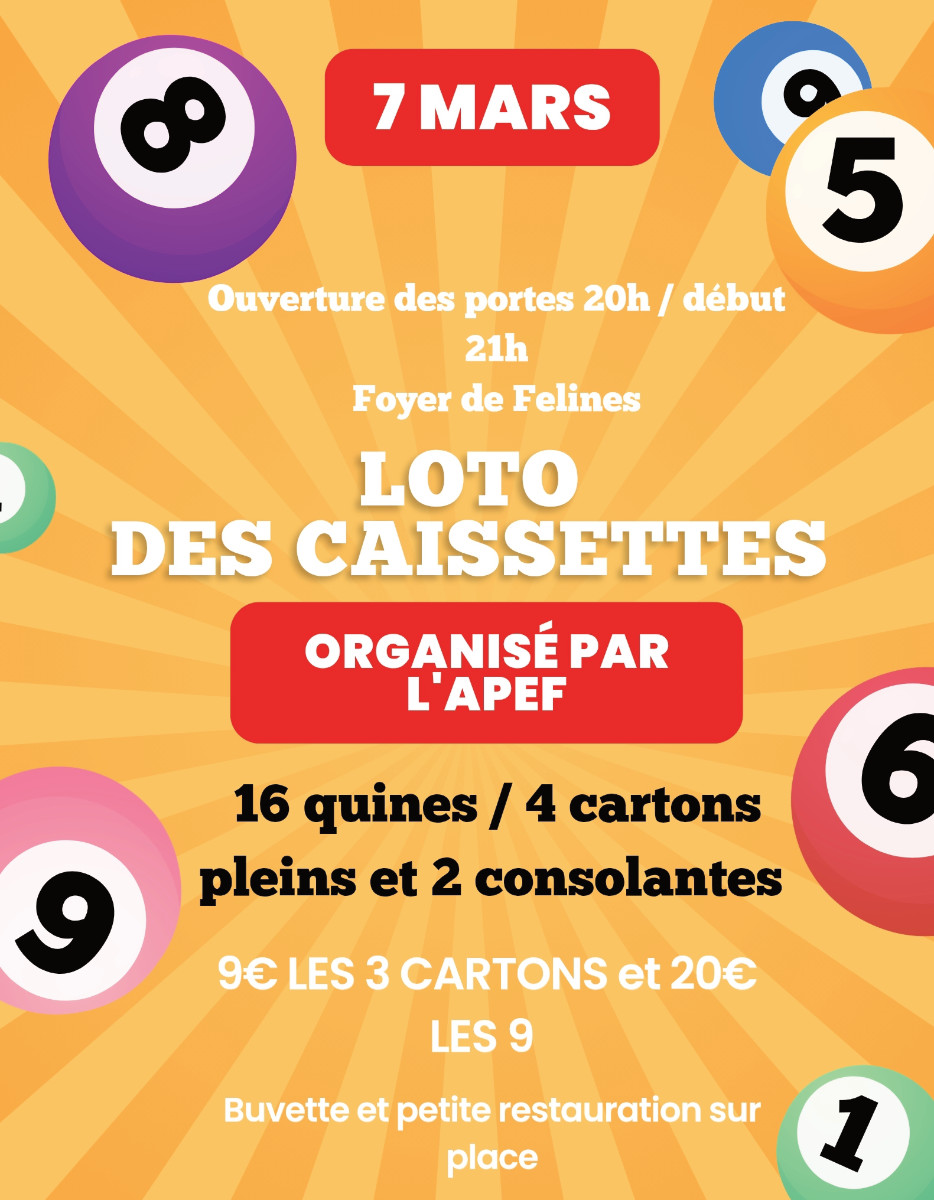 Loto de l'école organisé par l'APEF samedi 7 mars 2026 à 21h au foyer - Buvette et petite restauration sur place