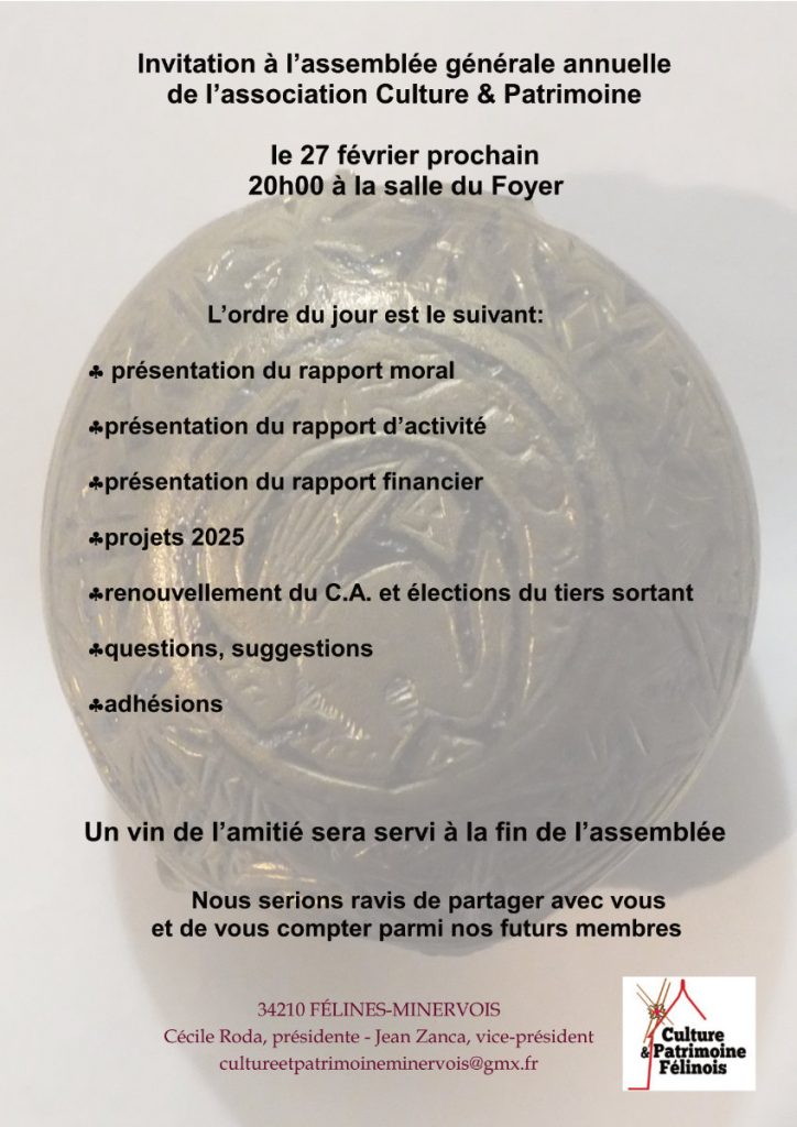 Assemblée Générale de l'association Culture et Patrimoine Félinois VENDREDI 27 FÉVRIER 2026 au foyer