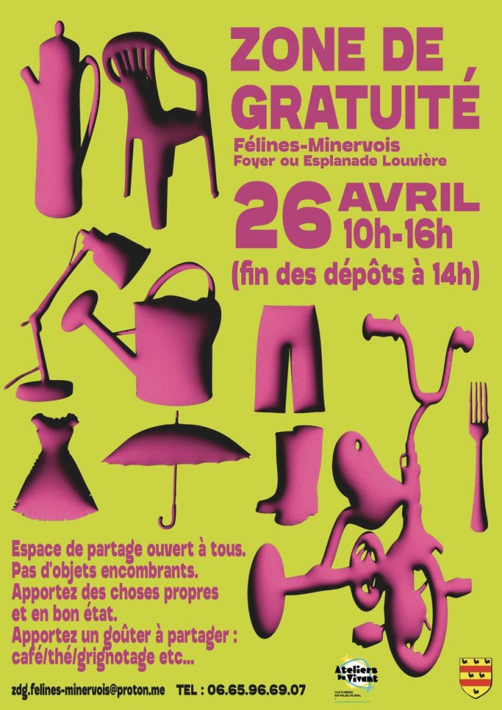 Prochaine zone de gratuités DIMANCHE 26 JAVRIL 2026 au foyer (ou esplanade Louvière selon les conditions météo) de 10h à 16h, organisée par LES ATELIERS DU VIVANT