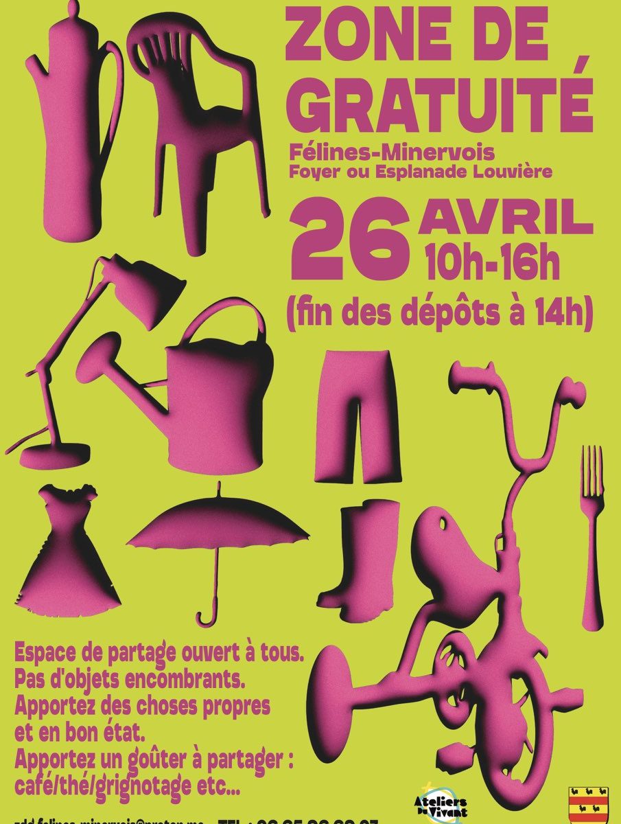 Prochaine zone de gratuités DIMANCHE 26 JAVRIL 2026 au foyer (ou esplanade Louvière selon les conditions météo) de 10h à 16h, organisée par LES ATELIERS DU VIVANT