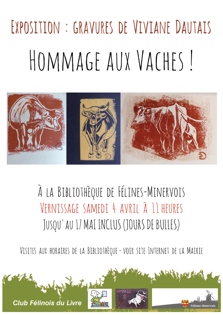 Viviane Dautais expose ses gravures 'Hommage aux vaches' à la bibliothèque de Félines du 4 avril au 17 mai 2026