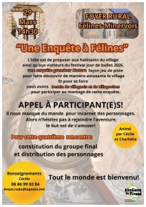 "Une enquête à Félines", atelier cluedo, l'aventure continue DIMANCHE 29 MARS 2026 à partir de 14h30 au cellier