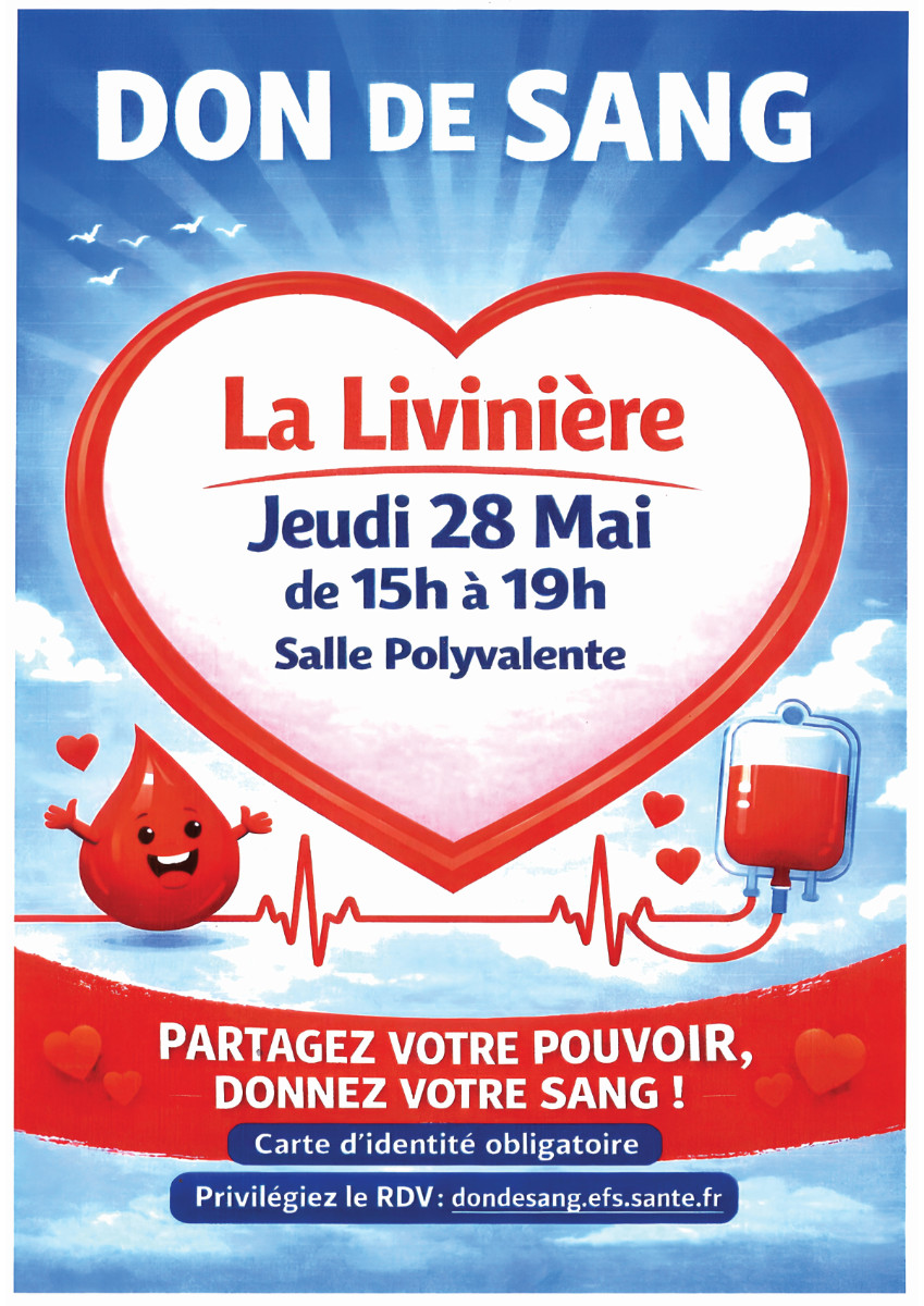 Collecte de sang JEUDI 28 mai 2026 de 15h à 19h salle polyvalente de La Livinière