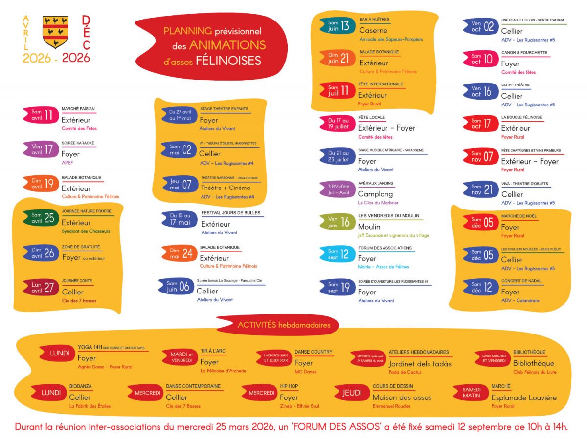 Planning prévisionnel des associations de Félines avril-décembre 2026