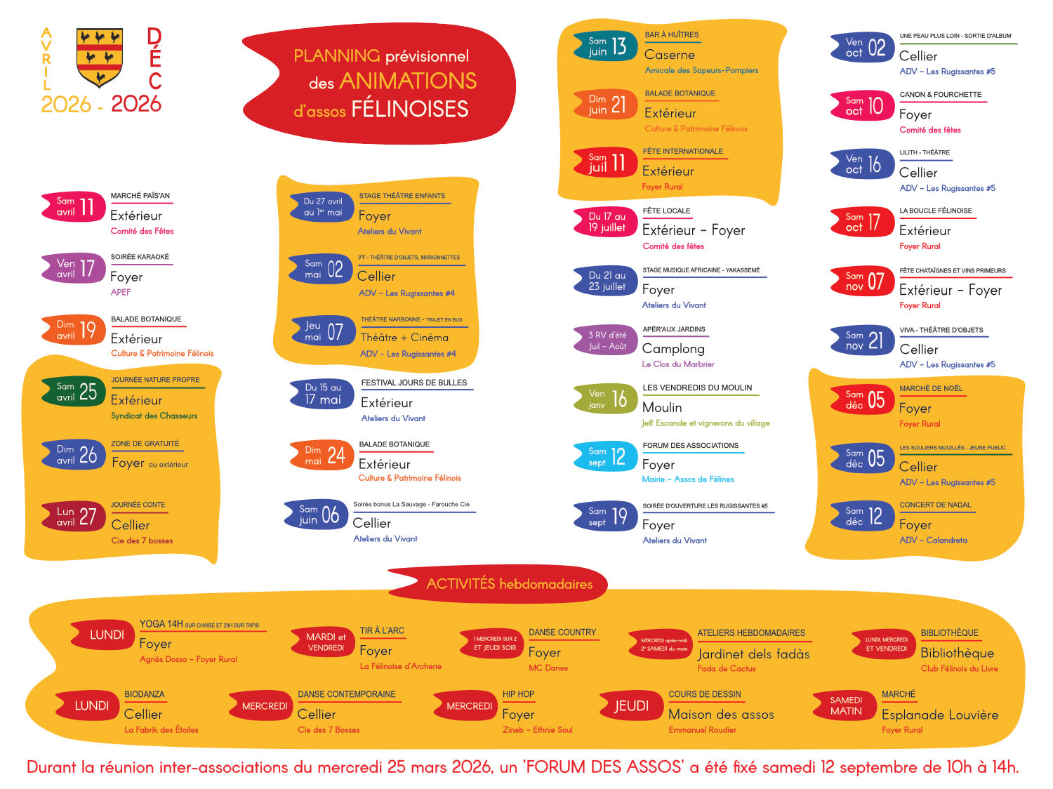 Planning prévisionnel des associations de Félines avril-décembre 2026