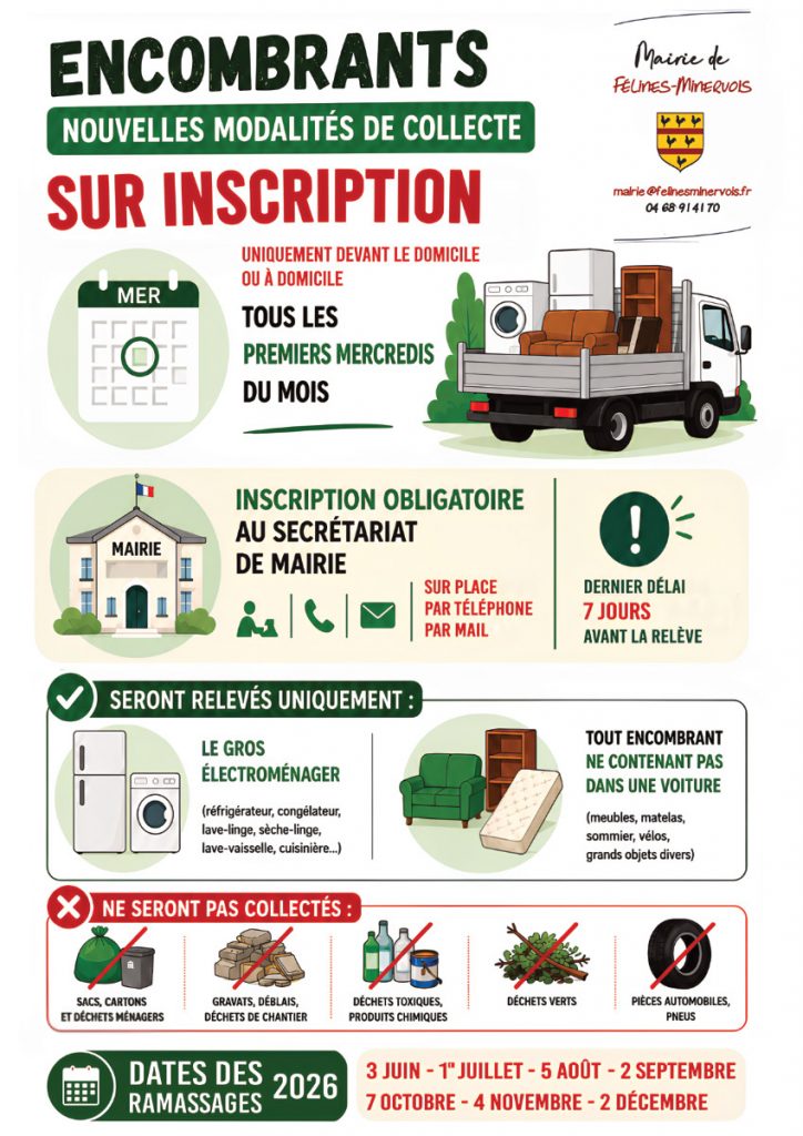 À compter du 3 juin 2026, la relève des encombrants sera UNIQUEMENT programmée sur inscription auprès du secrétarait de mairie