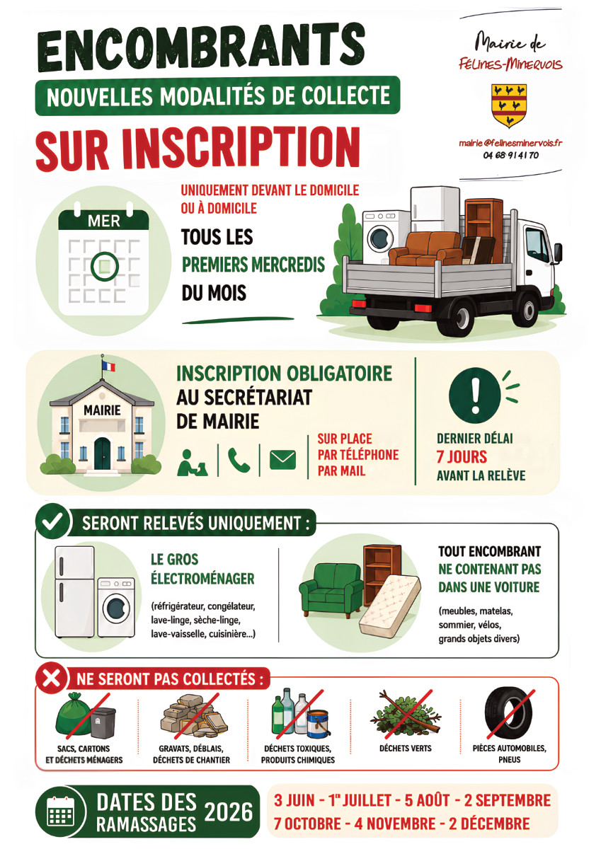 À compter du 3 juin 2026, la relève des encombrants sera UNIQUEMENT programmée sur inscription auprès du secrétarait de mairie